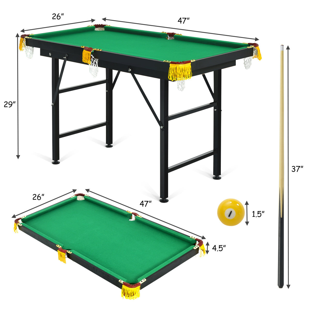 Topbuy 47'' Pool Table Set for Kids Foldable Billiard Table for Home and School Green