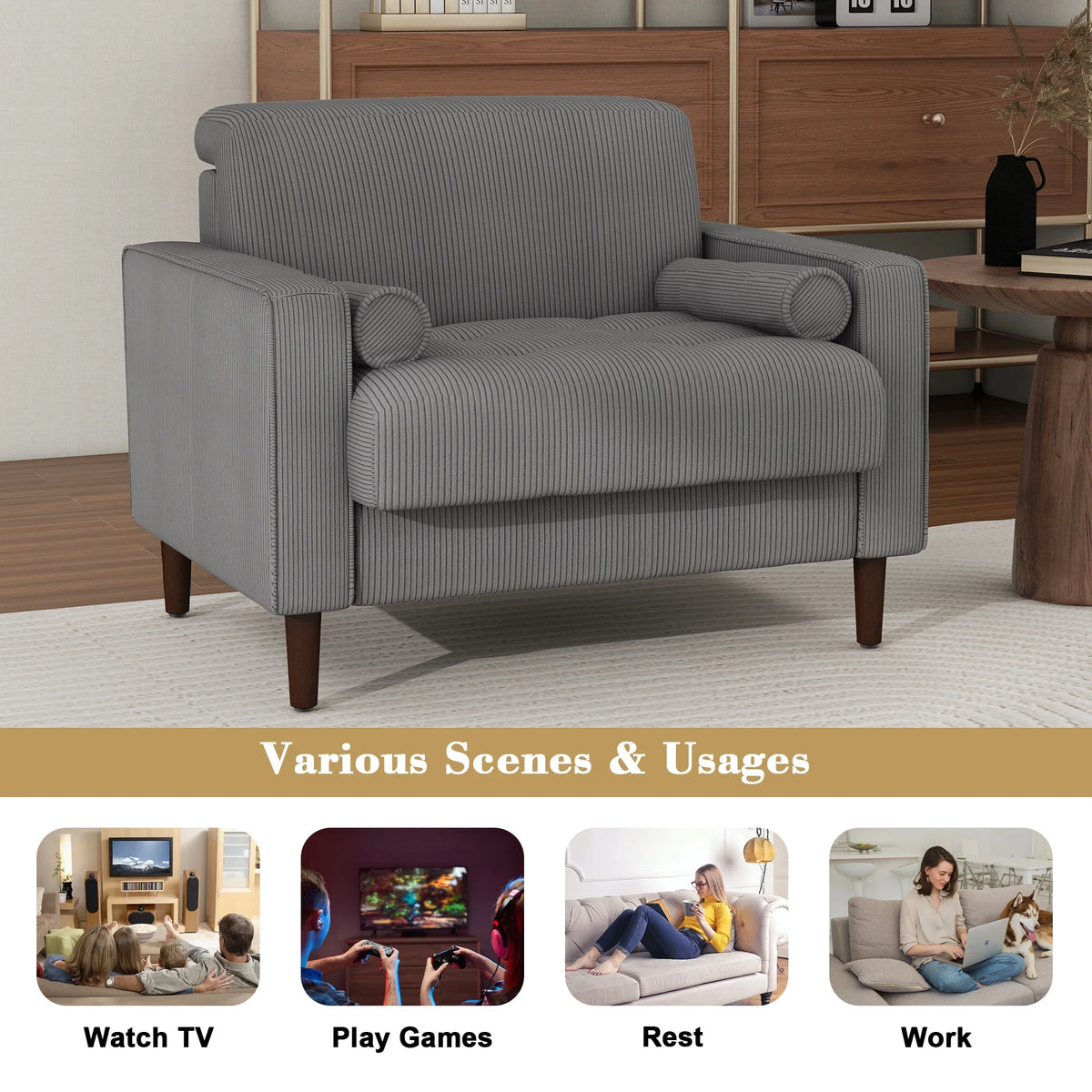 UIXE Corduroy Accent Chair Modern Upholstered Arm Chairs Comfy Reading Armchair with Pillow Armrest Tufted Living Room Single Sofa Lounge Seat, Yellow