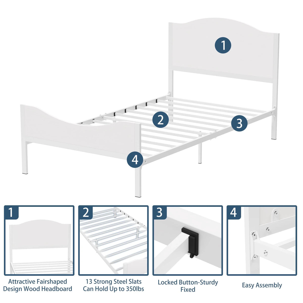Yoneston Twin Size Kids Metal Platform Bed Frame with Wood Headboard, Modern Single Bed Frames for Children, Teens & Adults, No Box Spring Needed, White