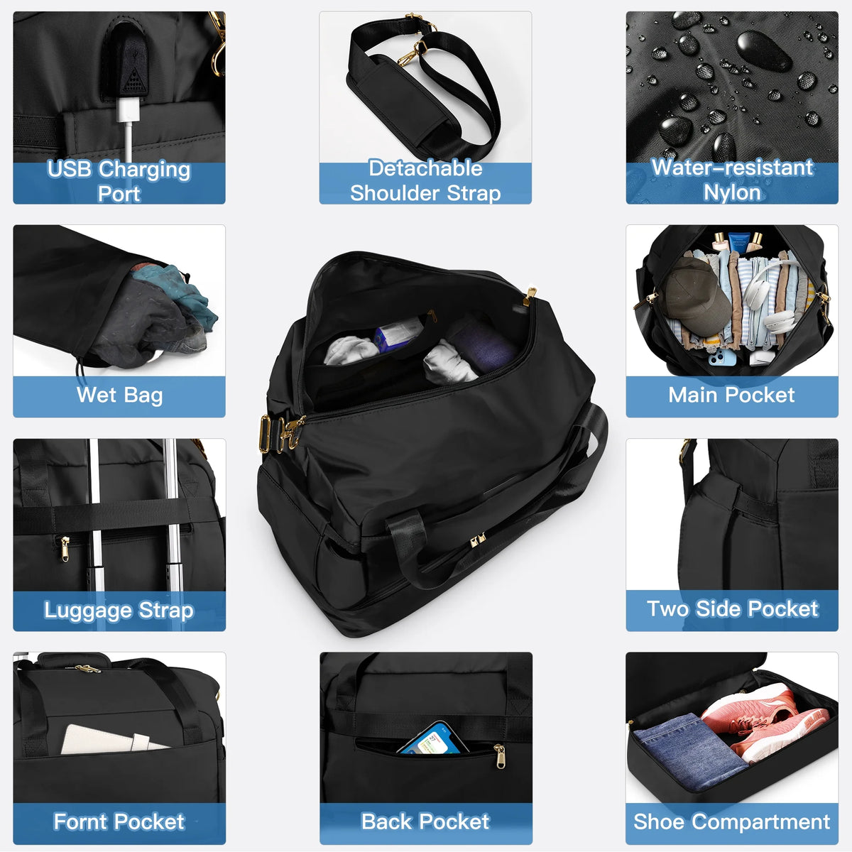 11Pcs Luggage Sets, ABS Hardshell Suitcase w/ Dual 360° Spinner Wheels & TSA Lock, Lightweight Durable Hardside Carry on Luggage for Travel, Deep Black