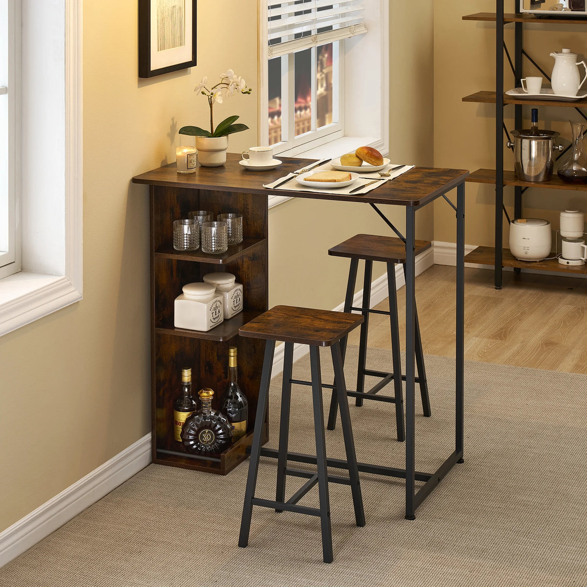 Dining Table Set, Bar Table and Chairs Set, 3-Piece Bar Table Set with Storage Drawer & Shelf, Steel Frame, Industrial, Rustic Brown, Space Saving Table for Small Apartment
