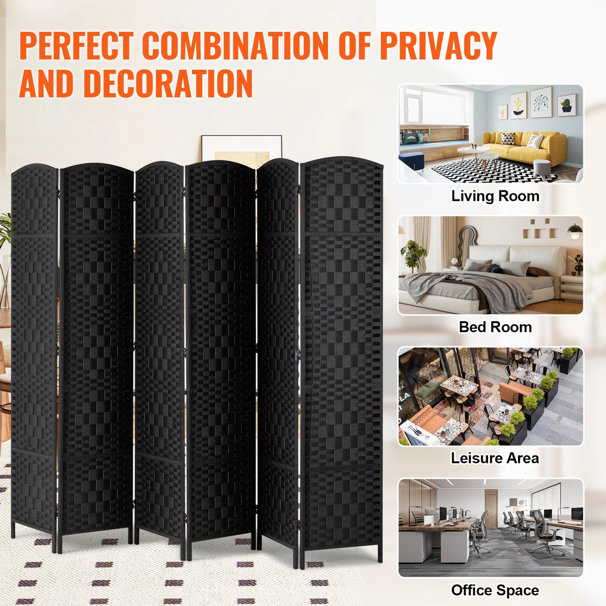KFFKFF 6-Panel Room Separator, Crafted Folding Privacy Barriers with Connectors, Movable and Self-Supporting Space Dividers and Wall Separator for Space Delineation, Black