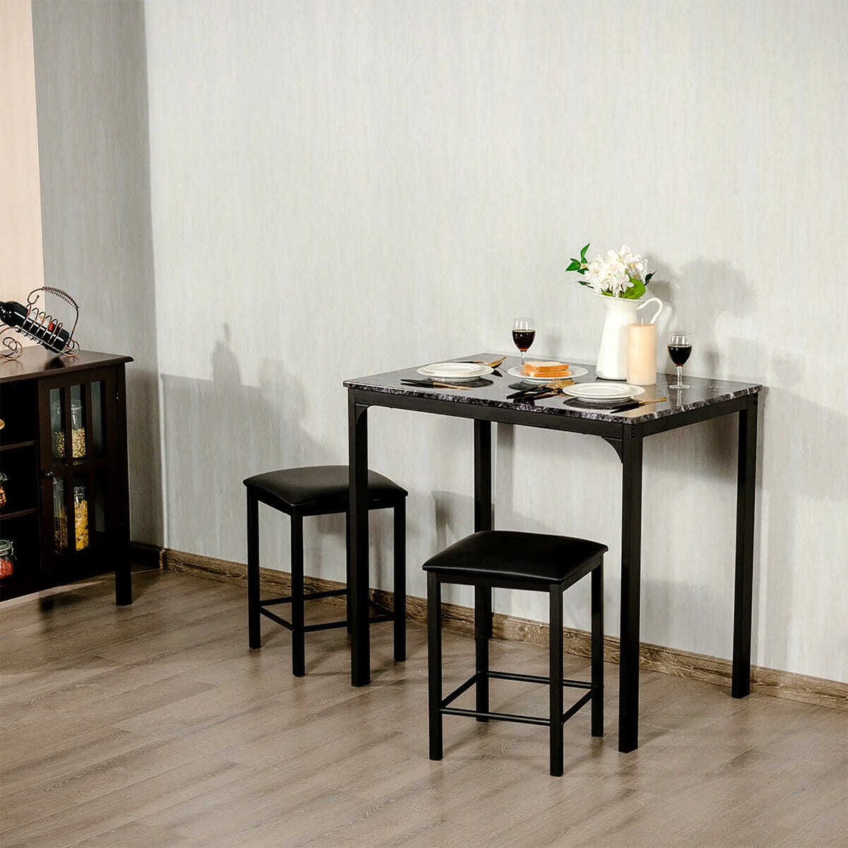 Costway 3 Piece Counter Height Dining Set Faux Marble Table 2 Chairs Kitchen Bar Black