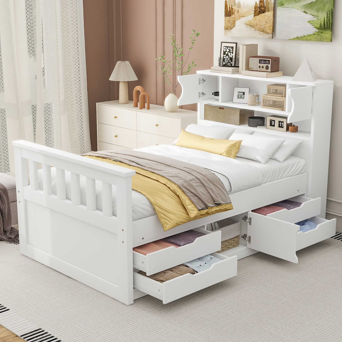 Euroco Wood Twin Size Platform Bed with Storage Headboard, Captain Bed with 4 Drawers, Bookcase and Cabinets, Gray