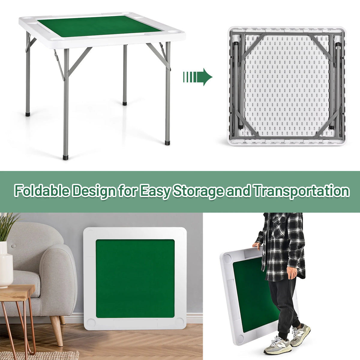 Goplus 35'' 4-Player Mahjong Card Game Portable Folding Table w/Cup & Coin Holder