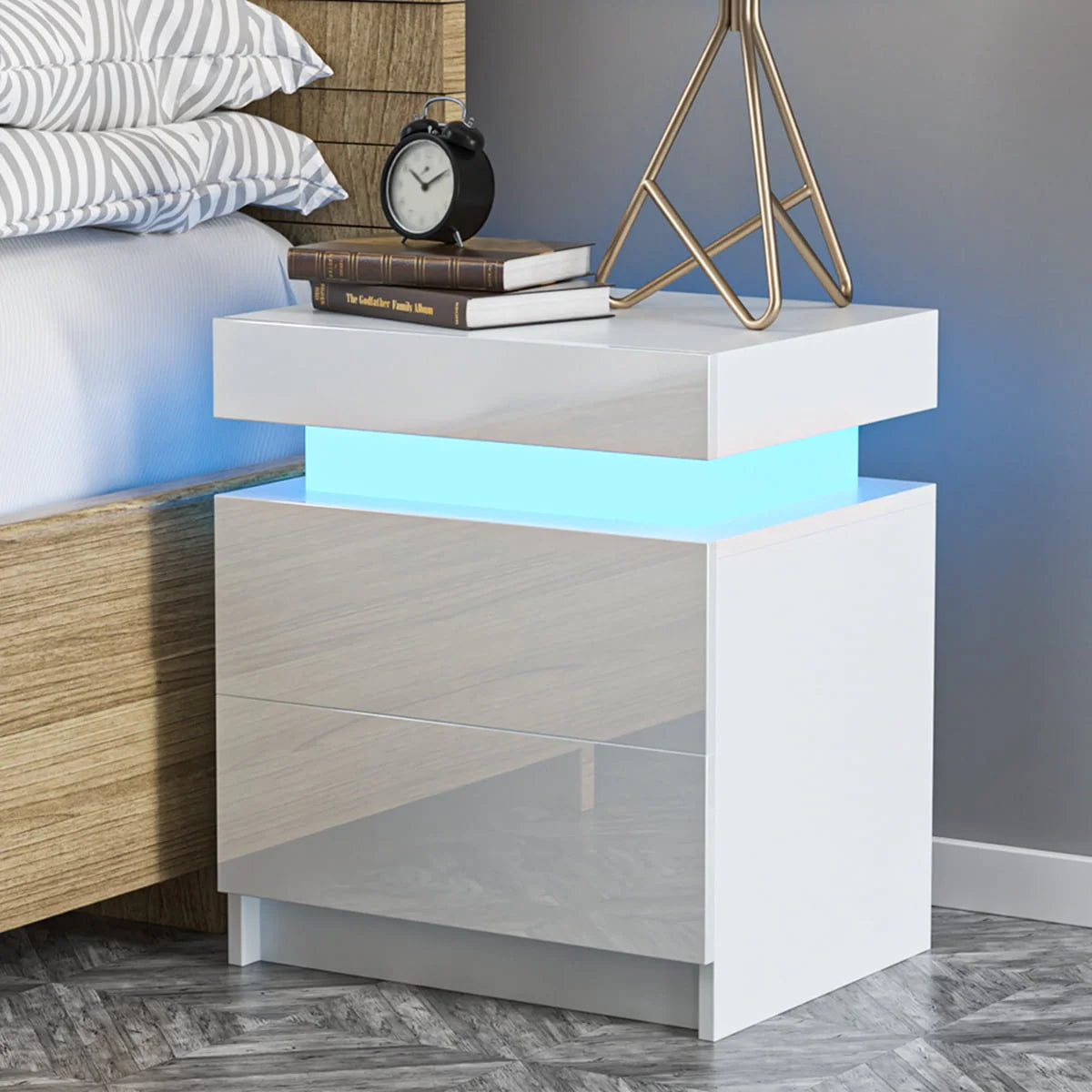 Hommpa Modern LED Nightstand with 2 Drawers High Gloss Led Light Bedside Table Storage White Night Table with Lights End Side Table with Drawer for Bedroom 20.5" Tall