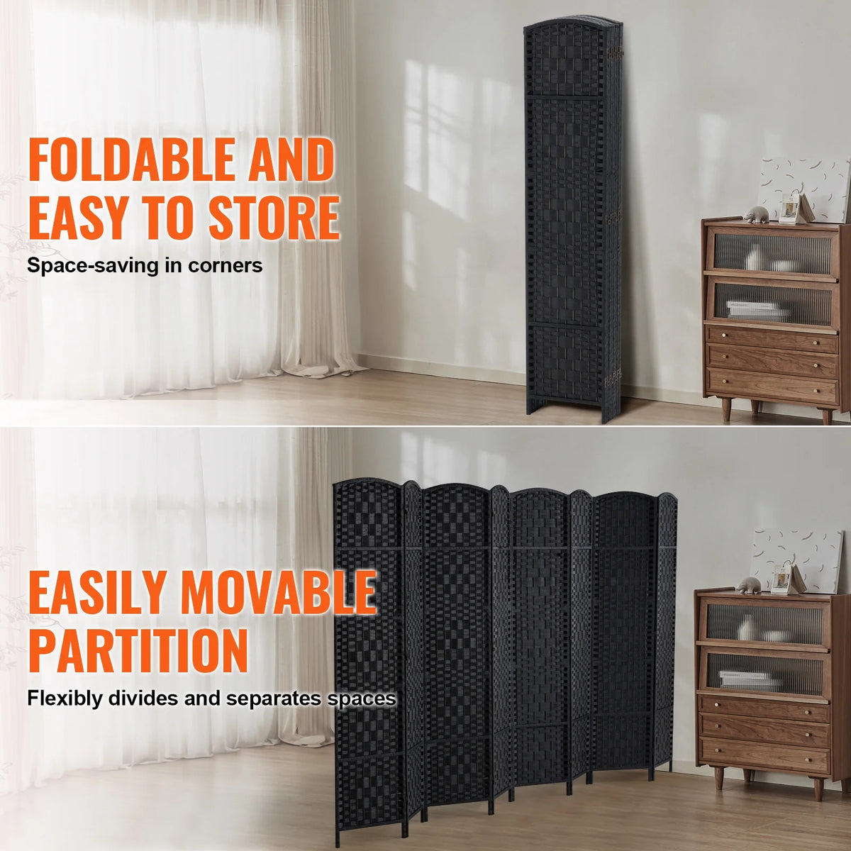 KFFKFF 6-Panel Room Separator, Crafted Folding Privacy Barriers with Connectors, Movable and Self-Supporting Space Dividers and Wall Separator for Space Delineation, Black