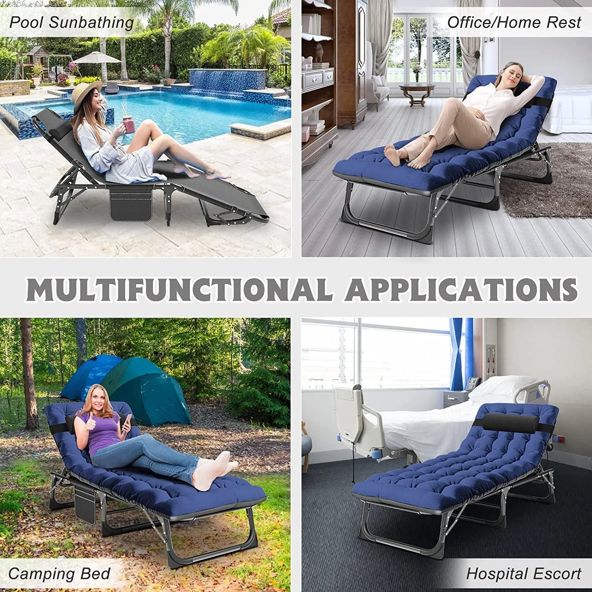 ABORON Folding Camping Cot with 2-Sided Pad & Pillow for Adults & Kids, Adjustable 5-Position Folding Lounge Chair, Folding Cot, Sleeping Cots Bed