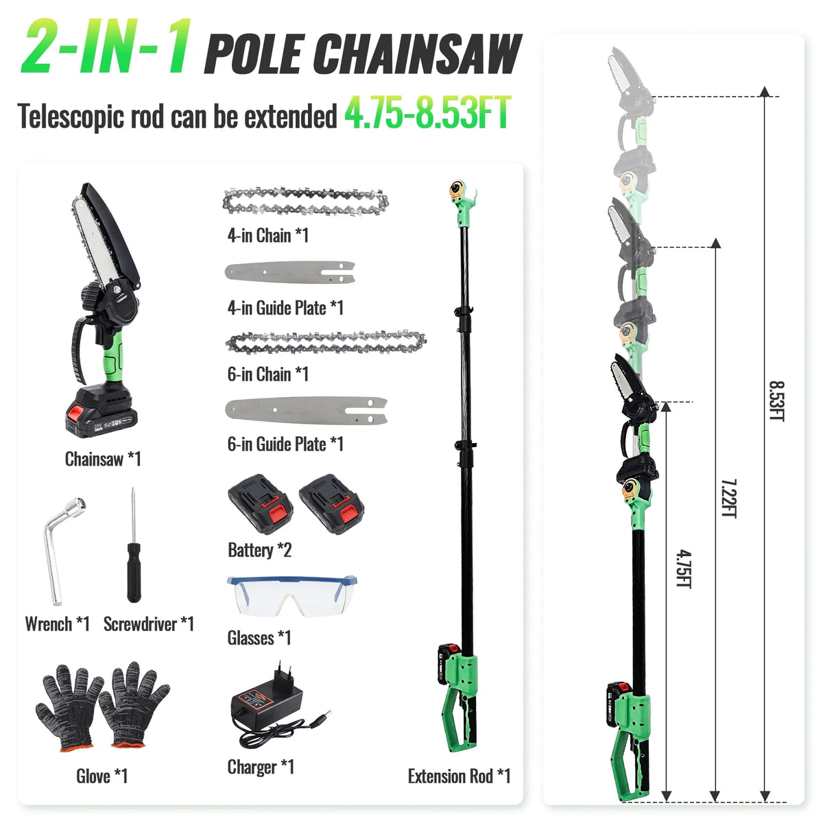 2-in-1 Brushless Cordless Pole Saw,6in + 8in Mini Chainsaw & Pole Saw with 2pcs 2.0A Batteries, 13.6ft Max Reach Brach Tree Saw Telescoping Extension Rod for Wood Tree Trimming Wood Cutting��Red