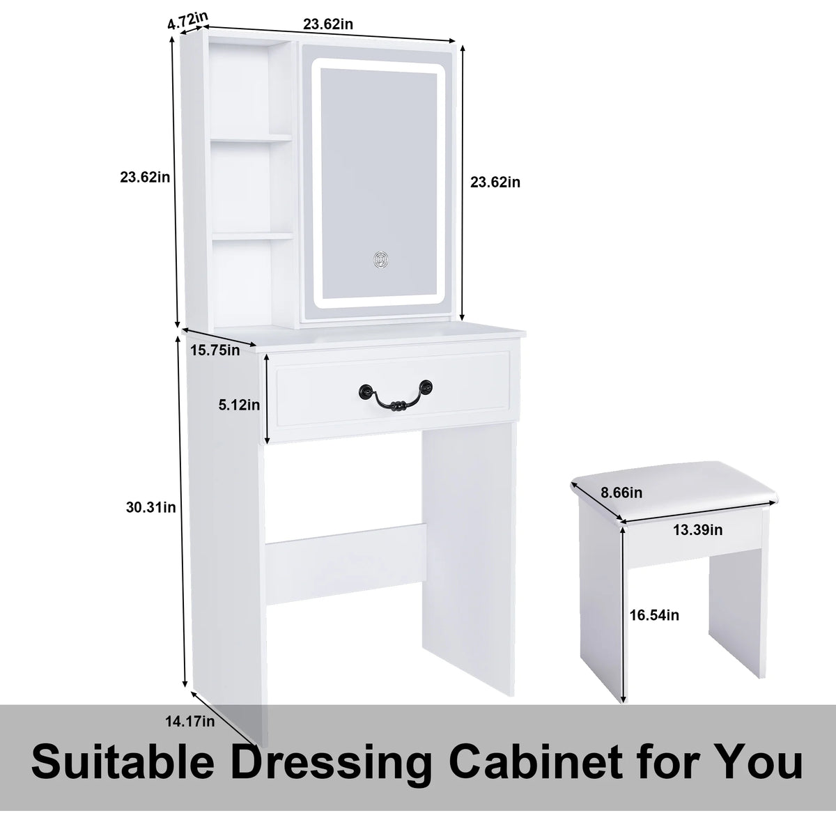 Aukfa Makeup Vanity Set with Power Outlet, Mirror & Adjustable LED Lights for Small Bedroom,White
