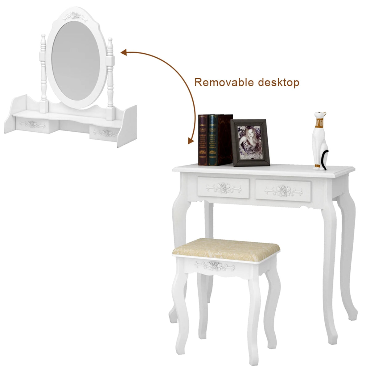 Veryke Vanity Table Set with 4 Drawers & Removable LED Mirror, Makeup Desk with Stool - White