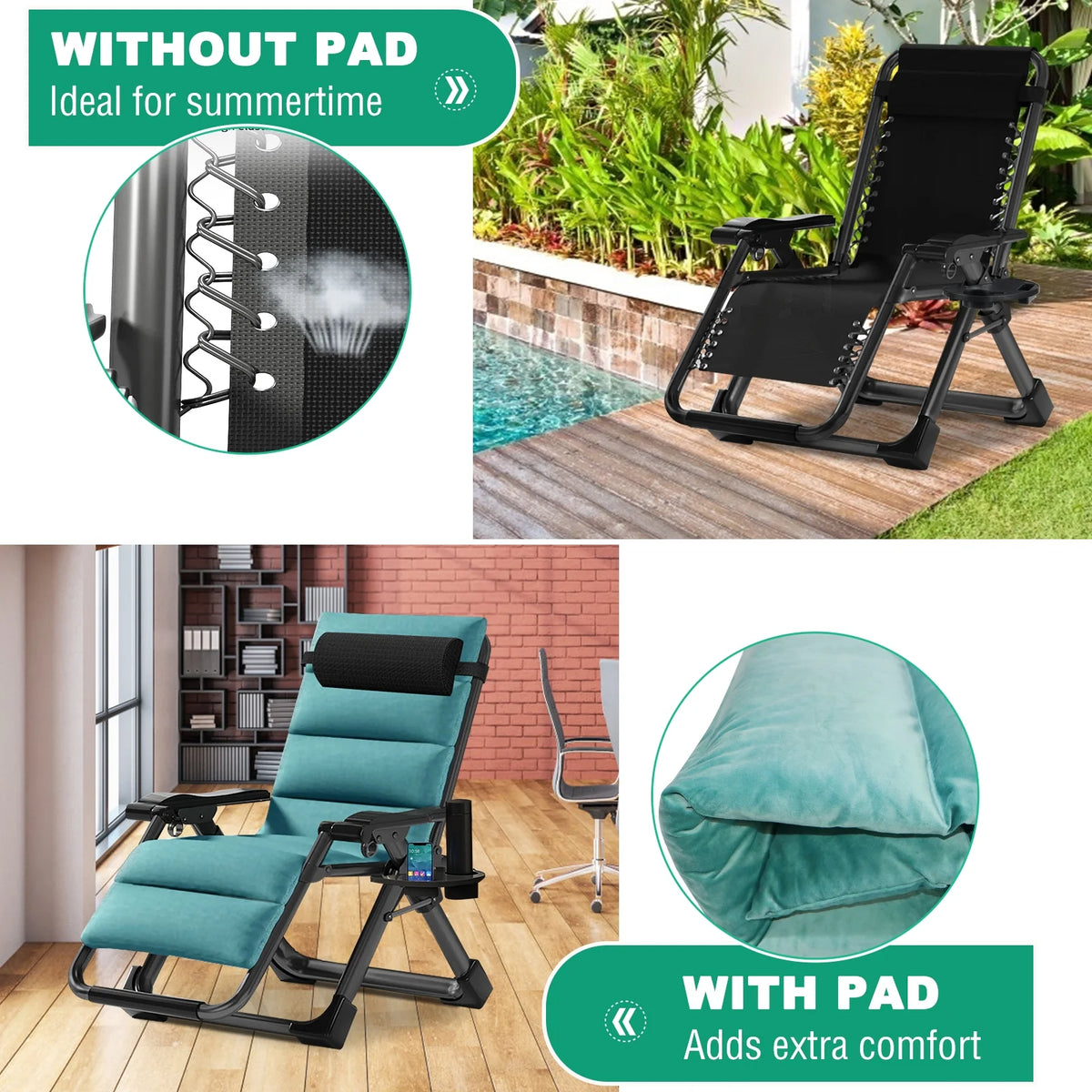 NAIZEA Outdoor Zero Gravity Chair Camping Recliner Lawn Recliner, Reclining Patio Lounger Chair, Folding Portable Chaise with Detachable Soft Cushion, Cup Holder, Headrest