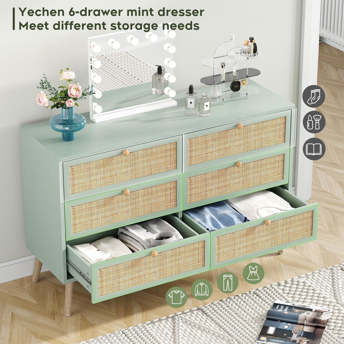 Brafabhome Rattan 6 Drawers Dresser for Bedroom, Vintage Boho Double Dresser Wicker Chest with Wooden Legs for Living Room Hallway| Mint