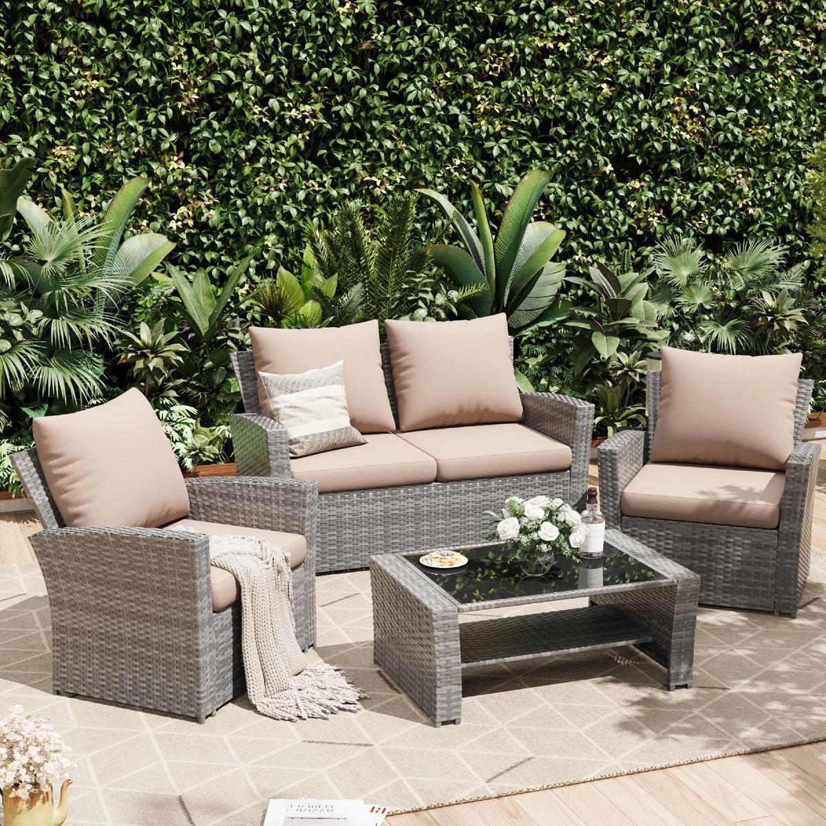 UDPATIO Wicker Patio Furniture Set, 4 Piece Outdoor Sectional Conversation Sets, Gray PE Rattan Patio Sofa Set for Balcony, Porch, Backyard, Grey