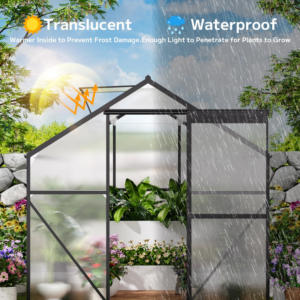 Asofer 8x6 FT Greenhouse with Lockable Hinged Door Vent Window, Polycarbonate Walk-in Winter Greenhouse Sunroom, Black