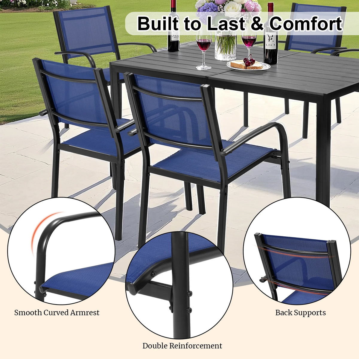 Seizeen 7-Piece Outdoor Table and Chairs, Patio Table Set with 6 Rattan Chairs, All-weather Outdoor Patio Dining Sets Rectangular Metal Table with Acacia Wood Top, Umbrella Hole, Gray