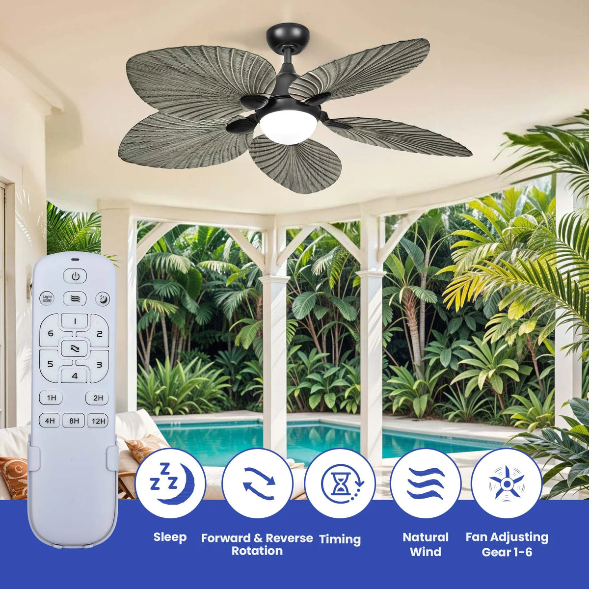 ModFusion 52" Gray Black Coastal Ceiling Fan with Palm Leaf Blades, LED Light & Remote �C Quiet Reversible DC Motor Indoor/Outdoor