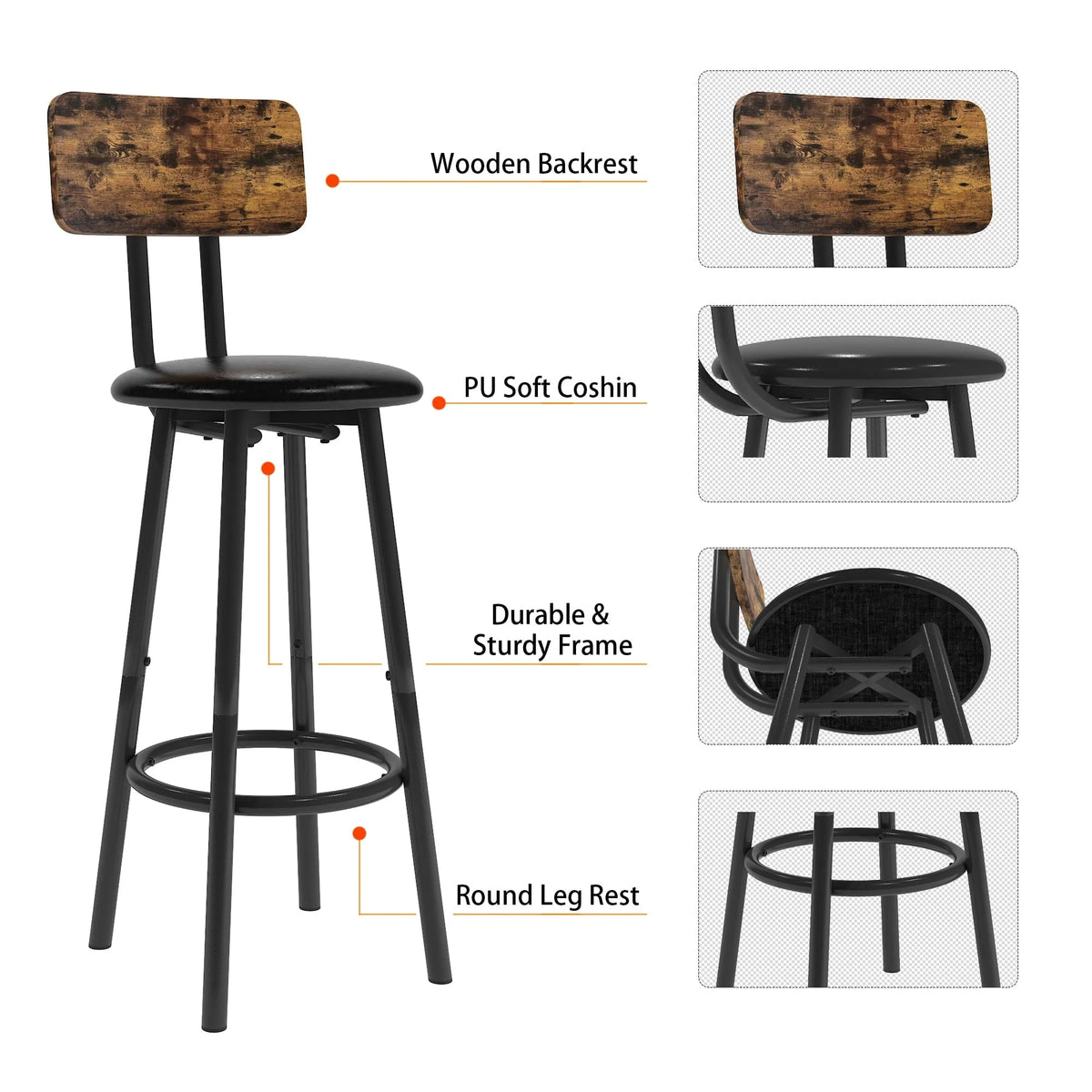 SYNGAR 5 Piece Bar Table Set, Modern Counter Height Dining Set, Home Dining Table and Chairs Set for 4, Kitchen Breakfast Table Set with 4 Cushioned Stools, Bistro Pub Table Set, Rustic Brown
