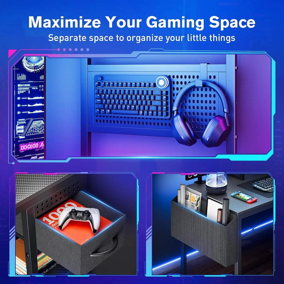 Upgo 55" Gaming Desk with Adjustable Storage Rack & LED Lights, Power Outlets for Adult and Teen