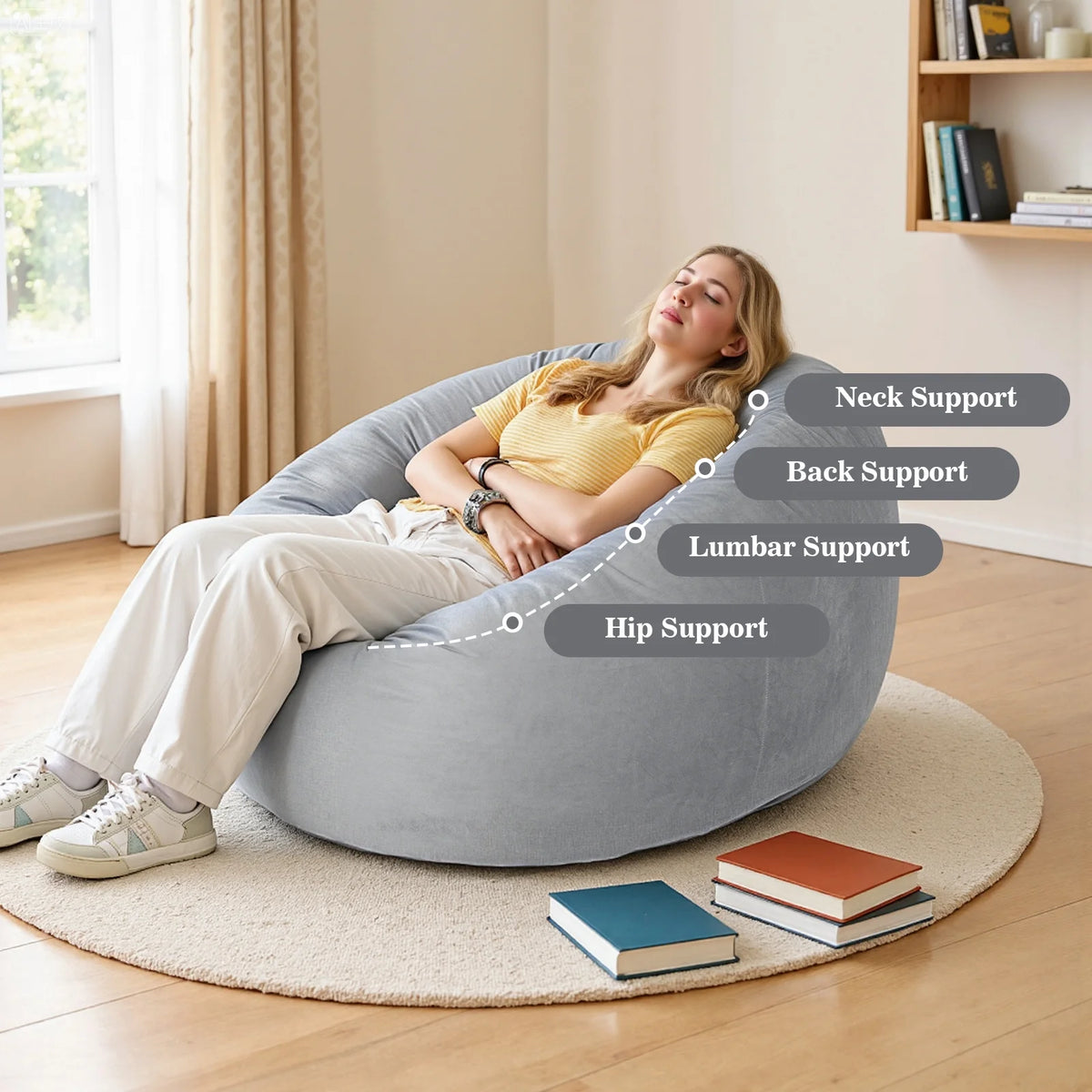 Lusimo Giant Bean Bag Chairs Bean Bag Bed with Pocket, Convertible Bean Bag Sofa Bed with Velvet Washable Cover for Adults, Couples, Family, Living Room, Gray, Full
