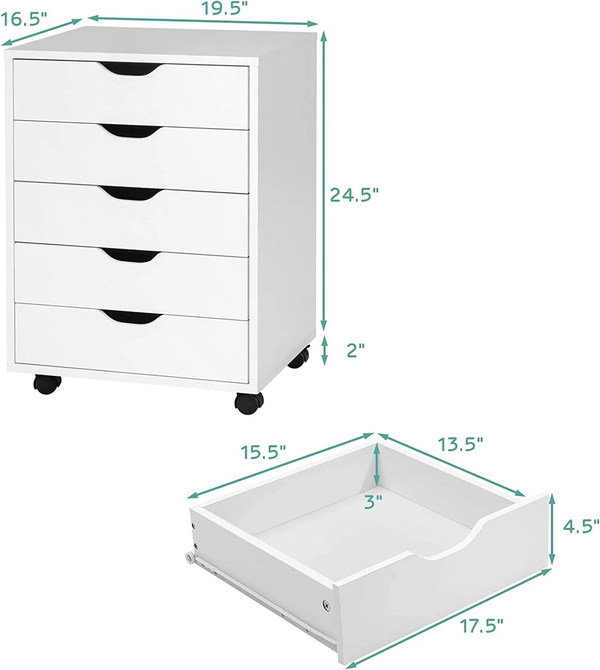DWVO Wood File Cabinet Rolling Cart 5 Drawer Home Office Storage Organizer White