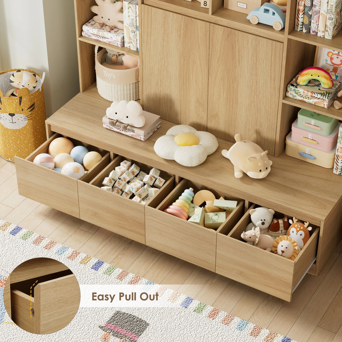 Homfa 10 Cubes Kids Toy Storage Organizer, 4 Drawers Kids Bookcase and Bookshelf with Doors & Adjustable Shelves for Playroom Kids Room, White