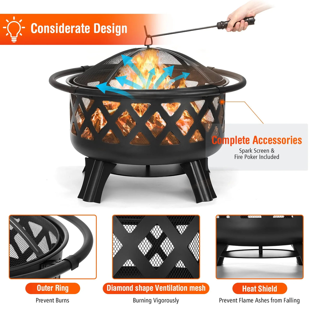 Singlyfire 30 inch Fire Pits for Outside with Grill Outdoor Fire Pits Wood Bowl 2 in 1 BBQ Firepit