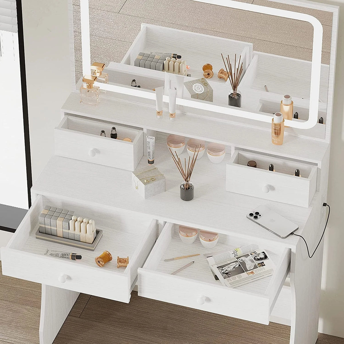 IRONCK Vanity Makeup Table Desk Set with LED Light Mirror & Power Outlet,  with 4 Drawers,Modern White