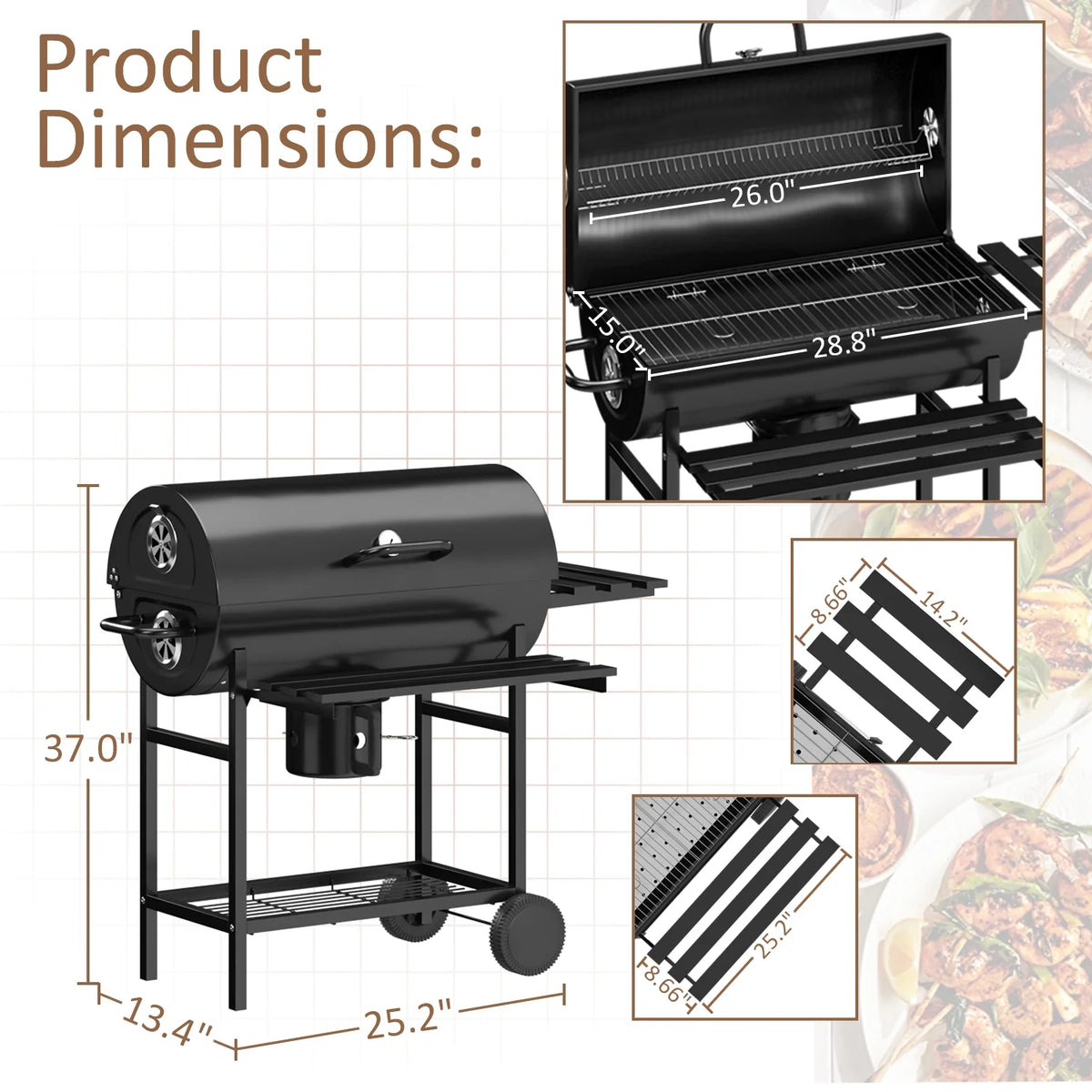 29�� Barrel Outdoor Charcoal Grill with Side Shelf and Wheels, Black