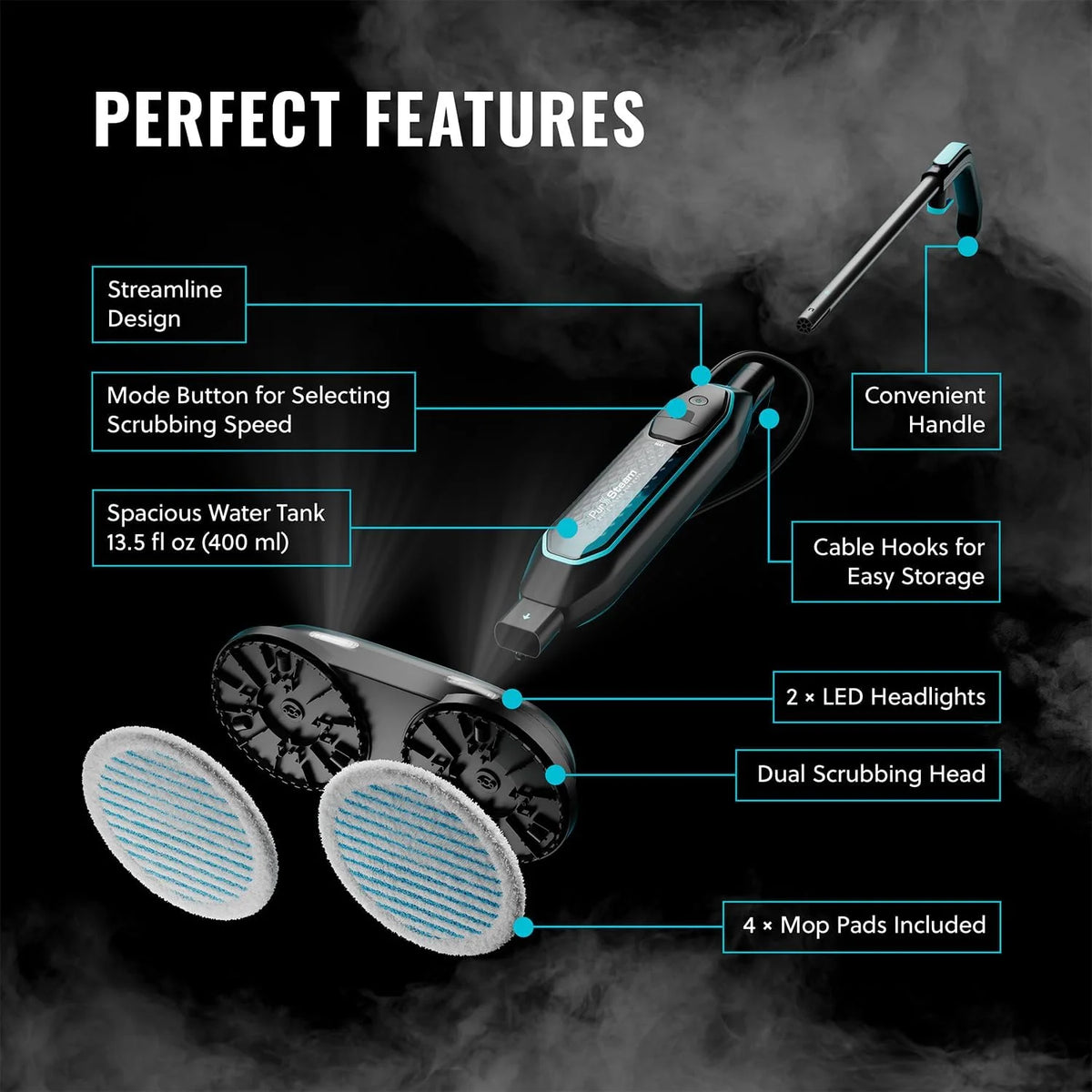 Pursteam ScrubMaster Steam Mop with Dual Scrubbing Head, LED Headlights, Adjustable Steam Control, Anti-Slip Swivel Head, Cable Holder & Upright Lock