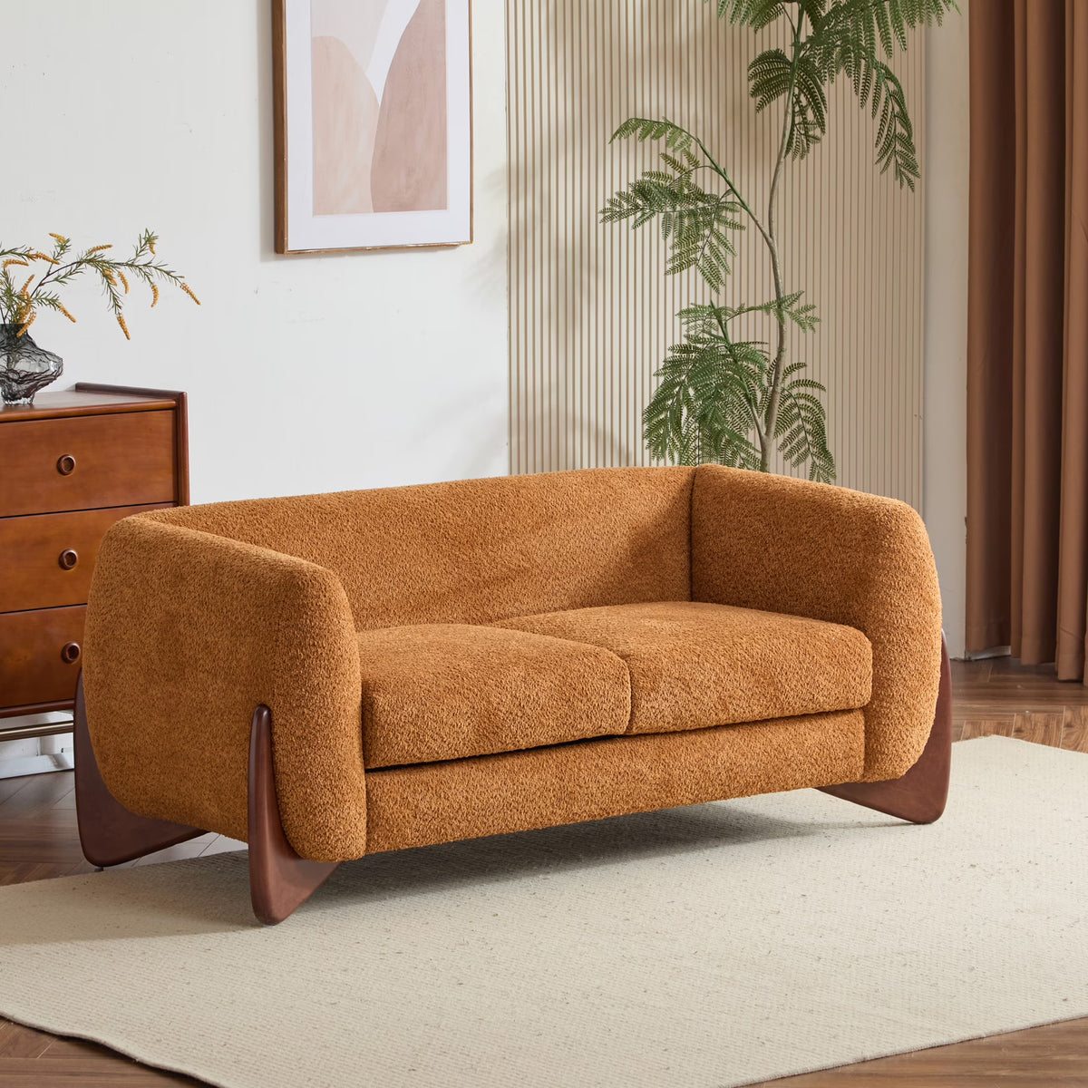 Arlo Modern Boucle Upholstery 2-Seater Sofa with Solid Wood Legs, Caramel