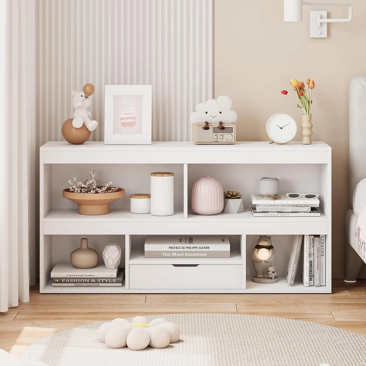 IdealHouse 5-Cube Kids Storage Organizer with Drawer, Wooden Toy Storage Cabinet for Playroom, Nursery, Classroom �C White Wood Finish