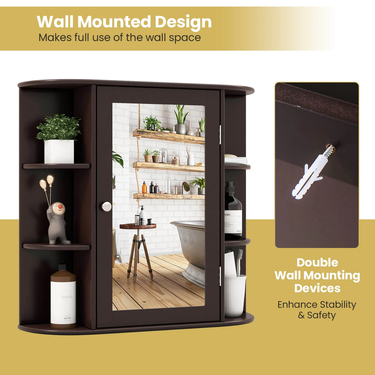 Costway, White, Medium Density Fiberboard, Multipurpose Mount Wall Surface Cabinet Mirror Glass, 26.00 x 6.50 x 23.50 Inches