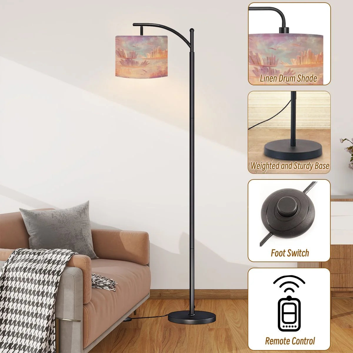 Arc Floor Lamps Surreal Bookshelf Dreamlike Sky Art Print Modern LED Adjustable Lampshade Standing Light for Living Room Reading Bedroom Office