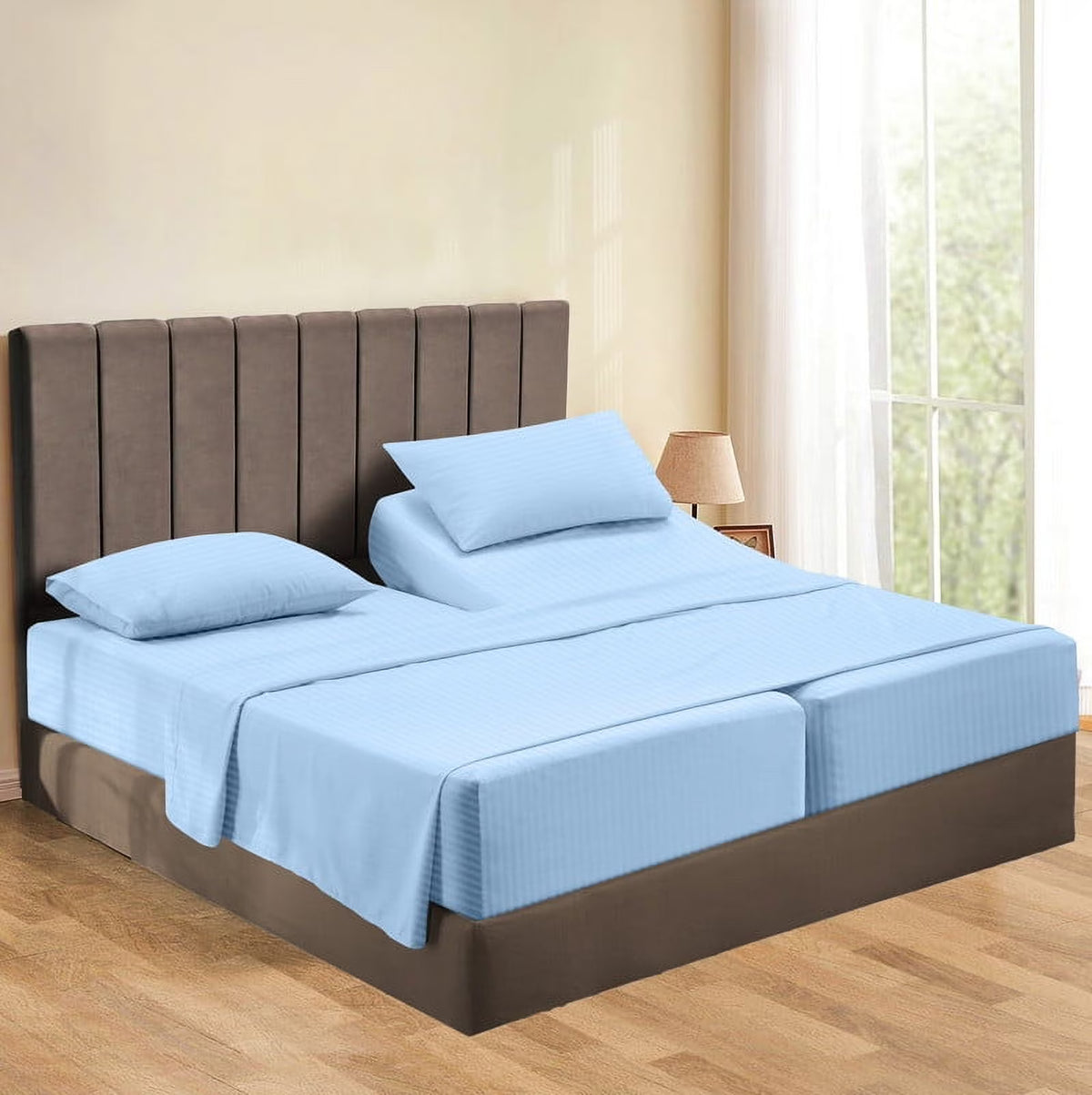 5-Piece Split Queen Sheet Set, 800 Thread Count, 100% Egyptian Cotton, Color Aqua Blue Stripe Pattern, Fits 16-Inch Deep Mattresses