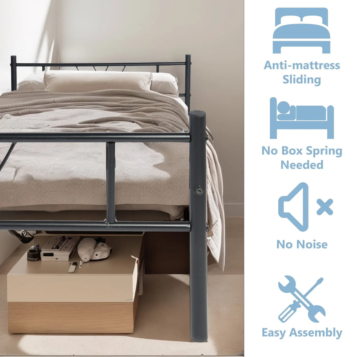 Twin Size Metal Bed Frame, No Box Spring Needed, Noise Free Carbon Steel Bed Foundation, Child, Black