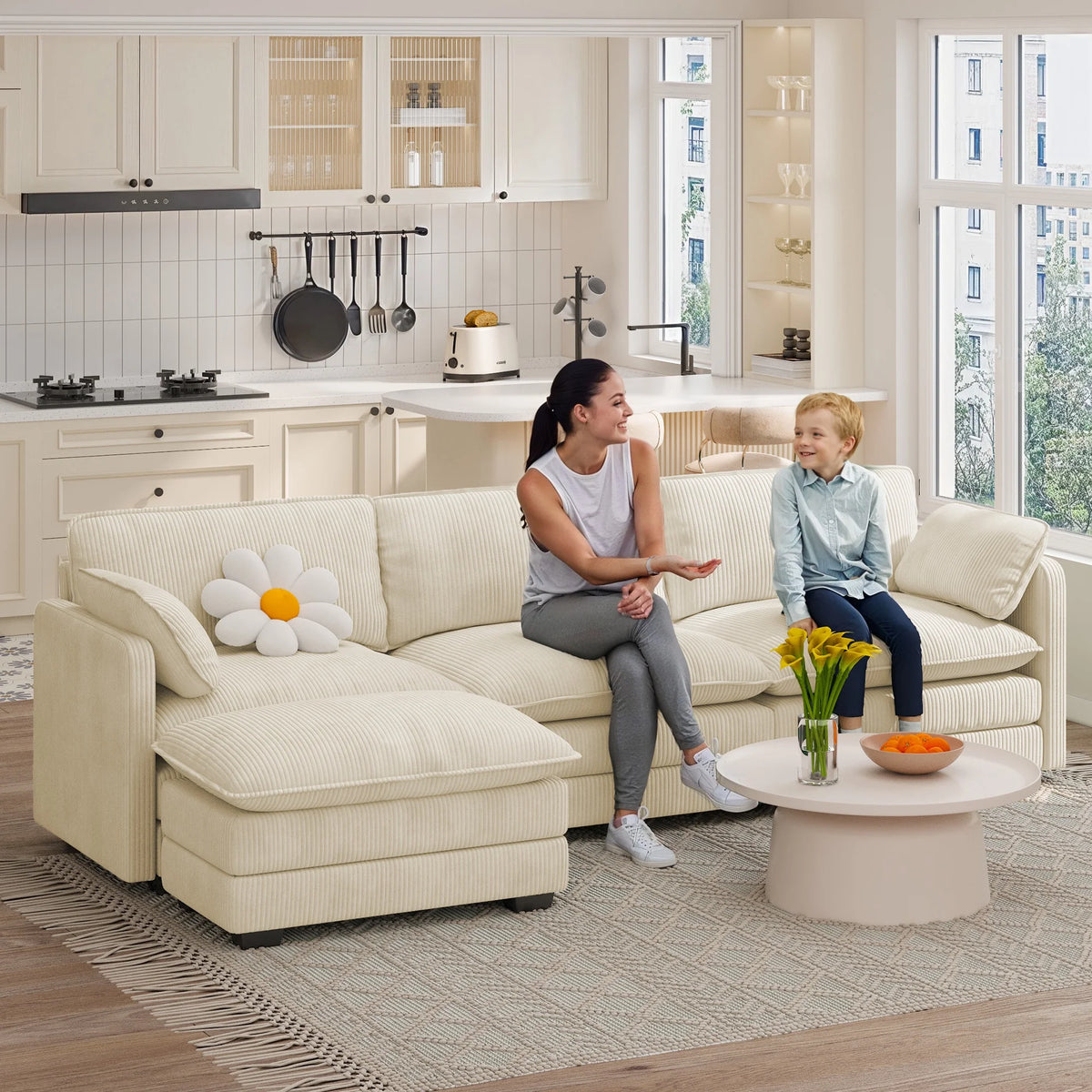 Lofka 110�� Modular Sectional Sofa Bed with Double Layer Cushions and Movable Ottoman, Modern Comfy Cloud Couch for Living Room, DIY Combination, Green