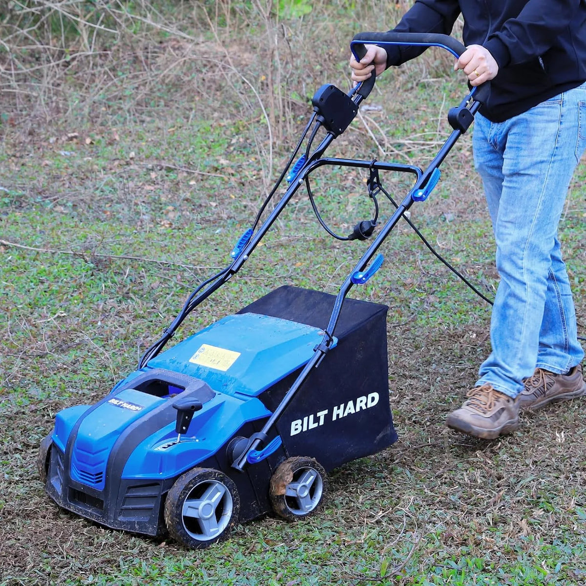BILT HARD Dethatcher Scarifier Electric Powered, 12 Amp Copper Motor 13 inch Raking Width with 8 gal Thatch Bag