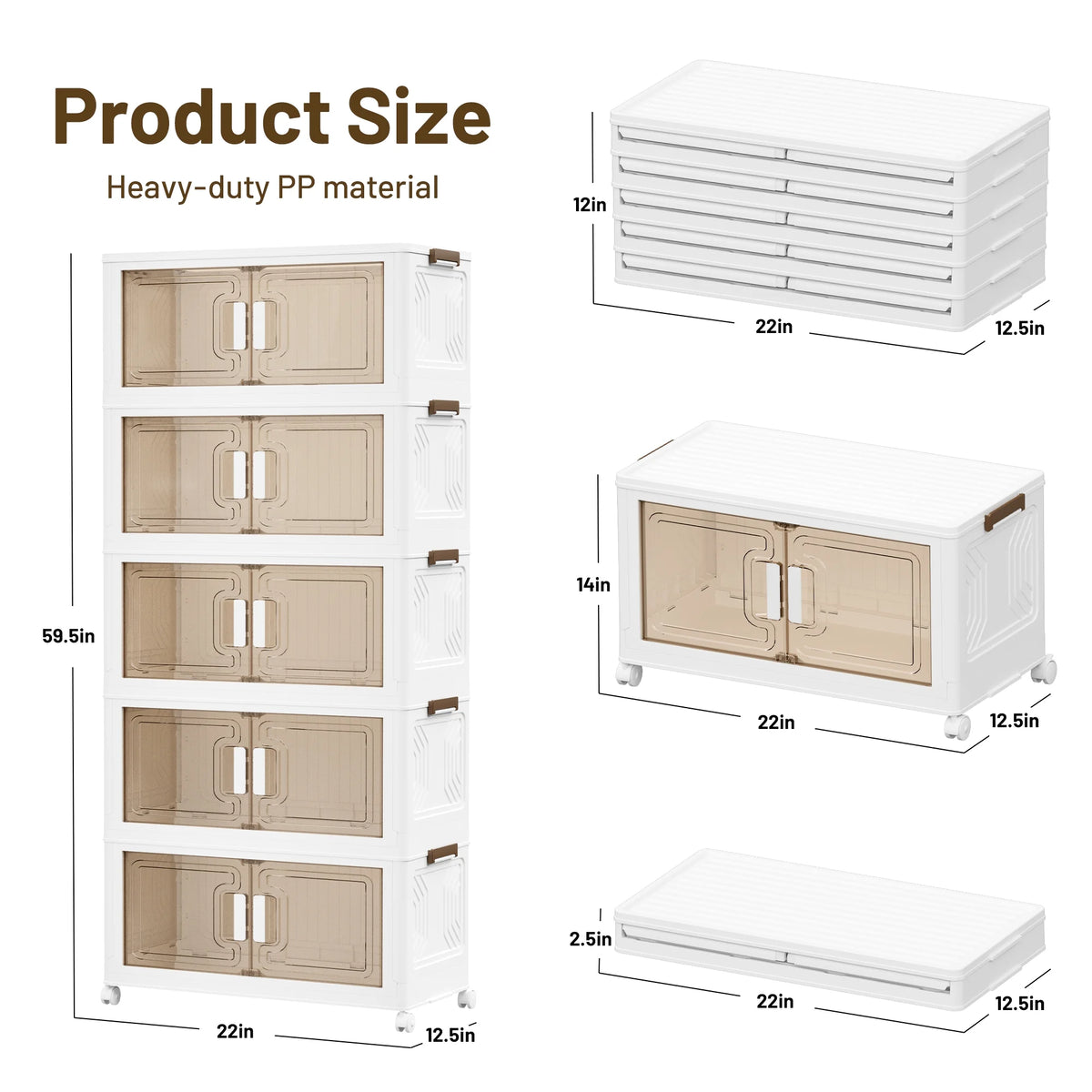 AZULLIA 290QT Stackable Plastic Collapsible Storage Bins with Lids, Wheels, Doors, 5 Pack GS01