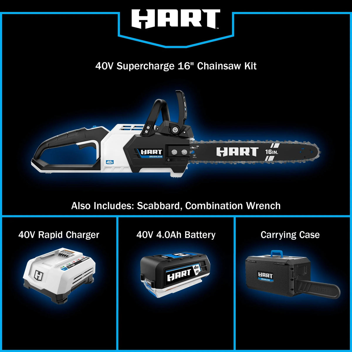 HART 40-Volt 16-inch SUPERCHARGE Battery-Powered Brushless Chainsaw Kit, (1) 4.0 Ah Lithium-Ion Battery