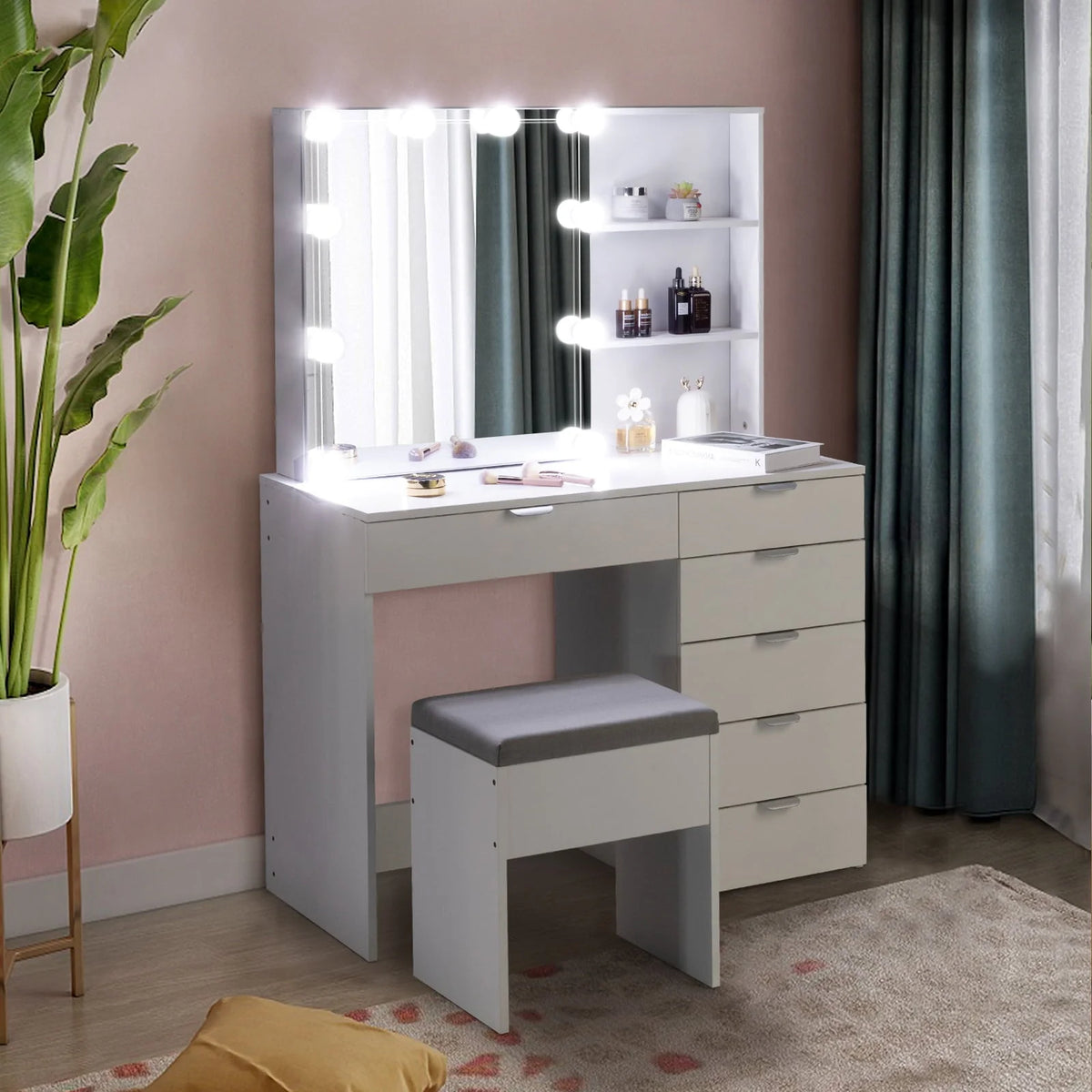 Ktaxon Vanity Set with 3 Color Lighted Mirror, Makeup Table with 6 Drawers, Dressing Table Makeup Desk with Stool,White