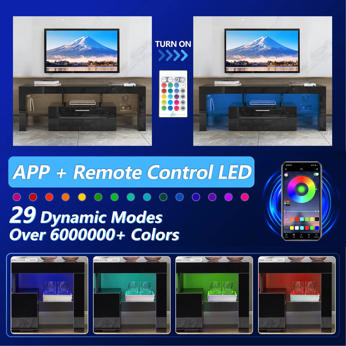 UHOMEPRO TV Stand for TV up to 70", Living Room Entertainment Center with RGB LED Lights and Storage Shelves Furniture, White High Gloss TV Cabinet Console Table
