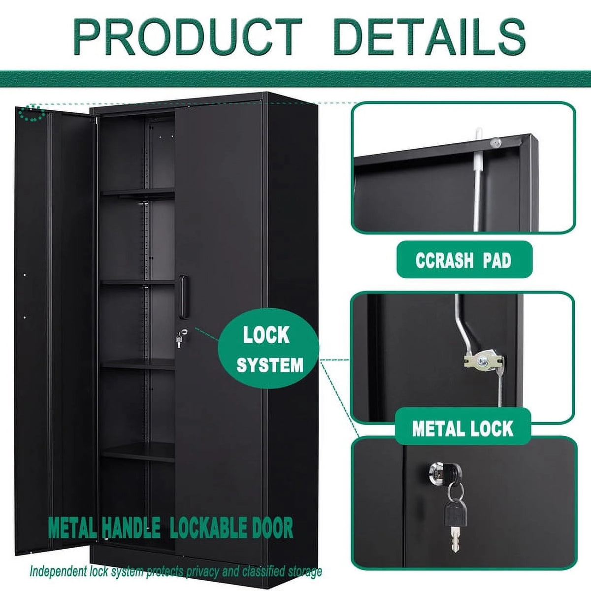 MIIIKO Metal Storage Cabinet 71" Locking Metal Storage Cabinet with 5 Adjustable Shelves, Black Metal Cabinet with 2 Doors and Lock for Office, Garage, Home