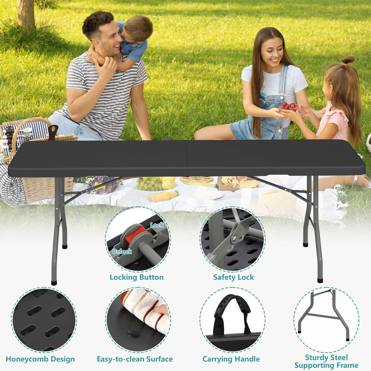 Harigal 8ft Folding Table Portable Fold-in-Half Design with Handle, Large Folding Table for Indoor Outdoor Events, Black