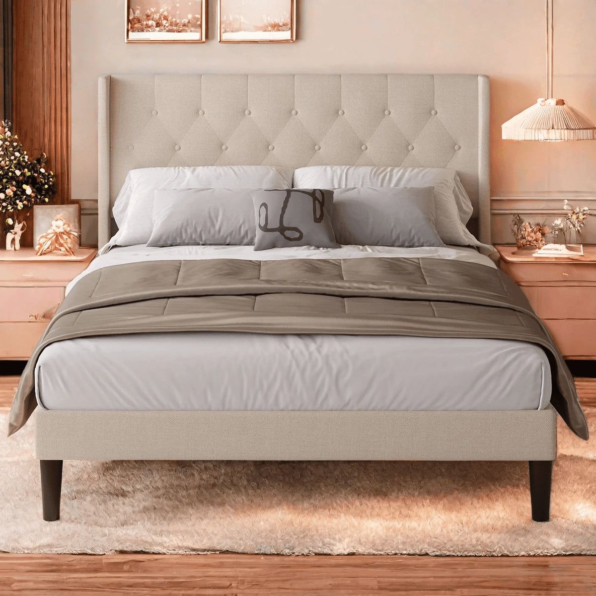Lofka Queen Size Bed Frame with Upholstered Wingback Headboard Beige Finish