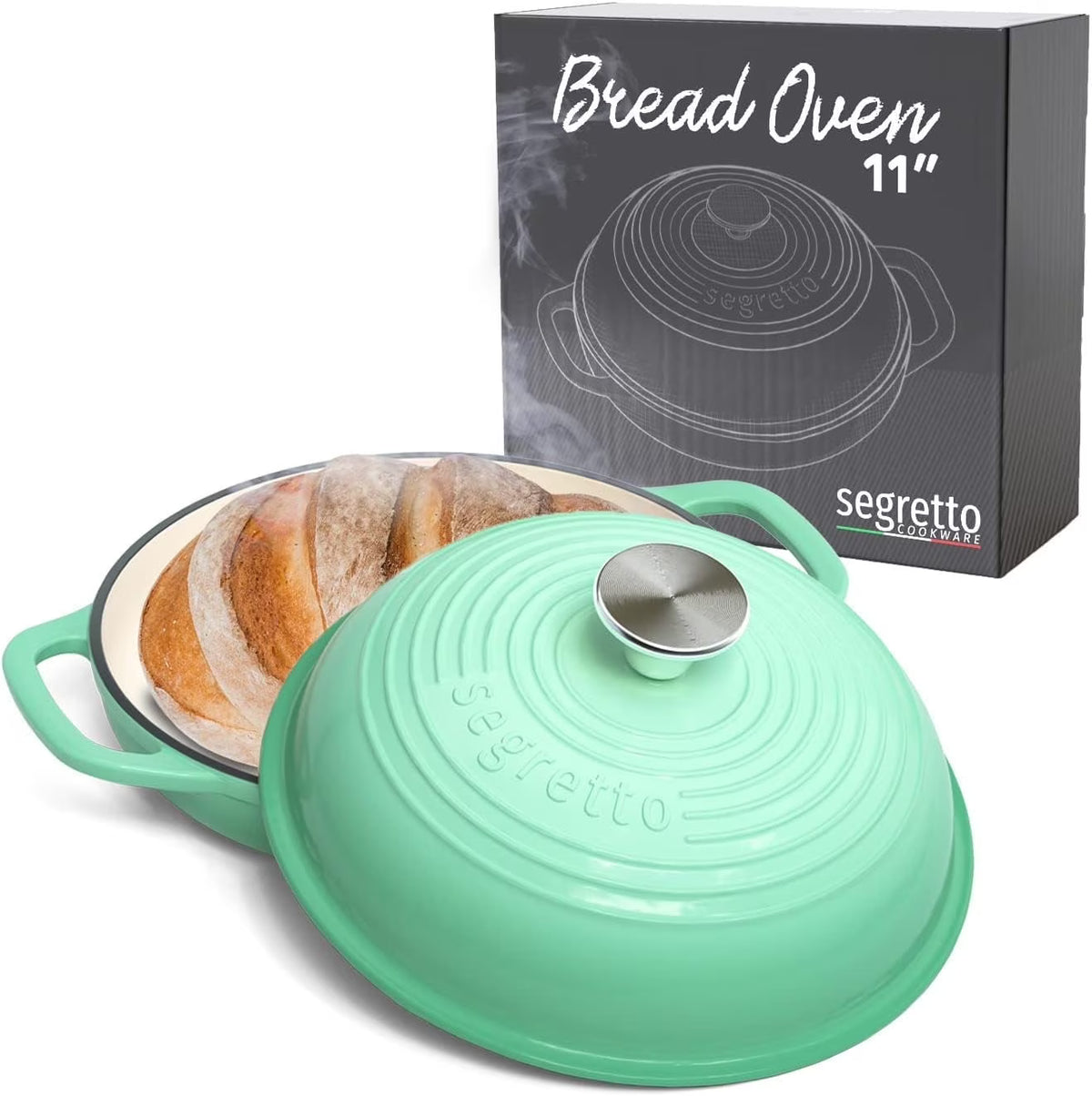 Segretto Cookware 11" Enameled Cast Iron Dutch Oven for Bread, Bread Maker Pan with Lid, Red