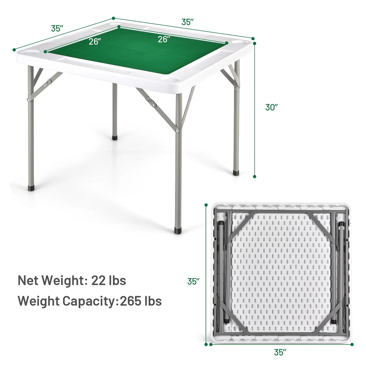 Goplus 35'' 4-Player Mahjong Card Game Portable Folding Table w/Cup & Coin Holder