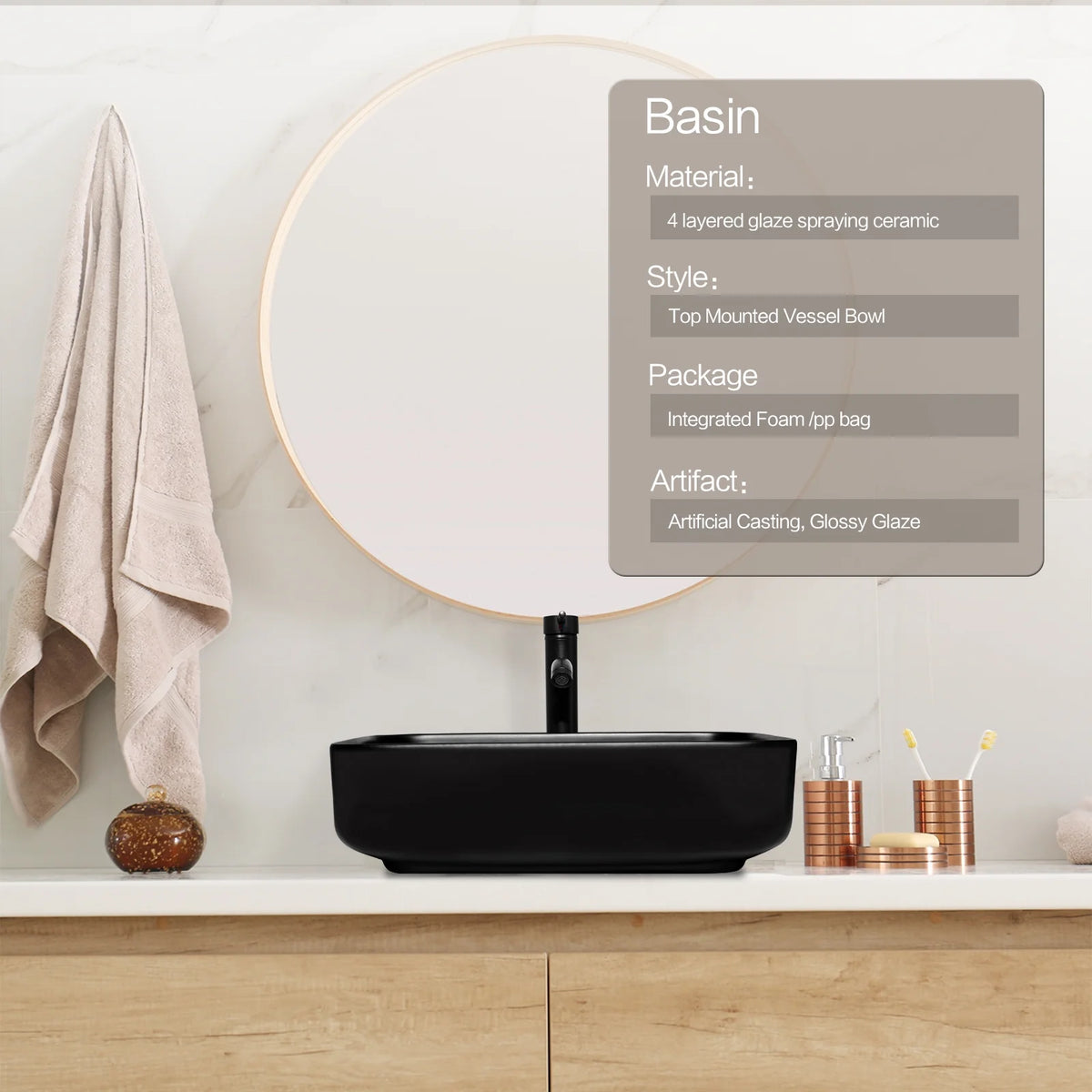 FULLWATT Bathroom Ceramic Sink Vanity Vessel Basin Porcelain Faucet Drain Combo Rectangle,White