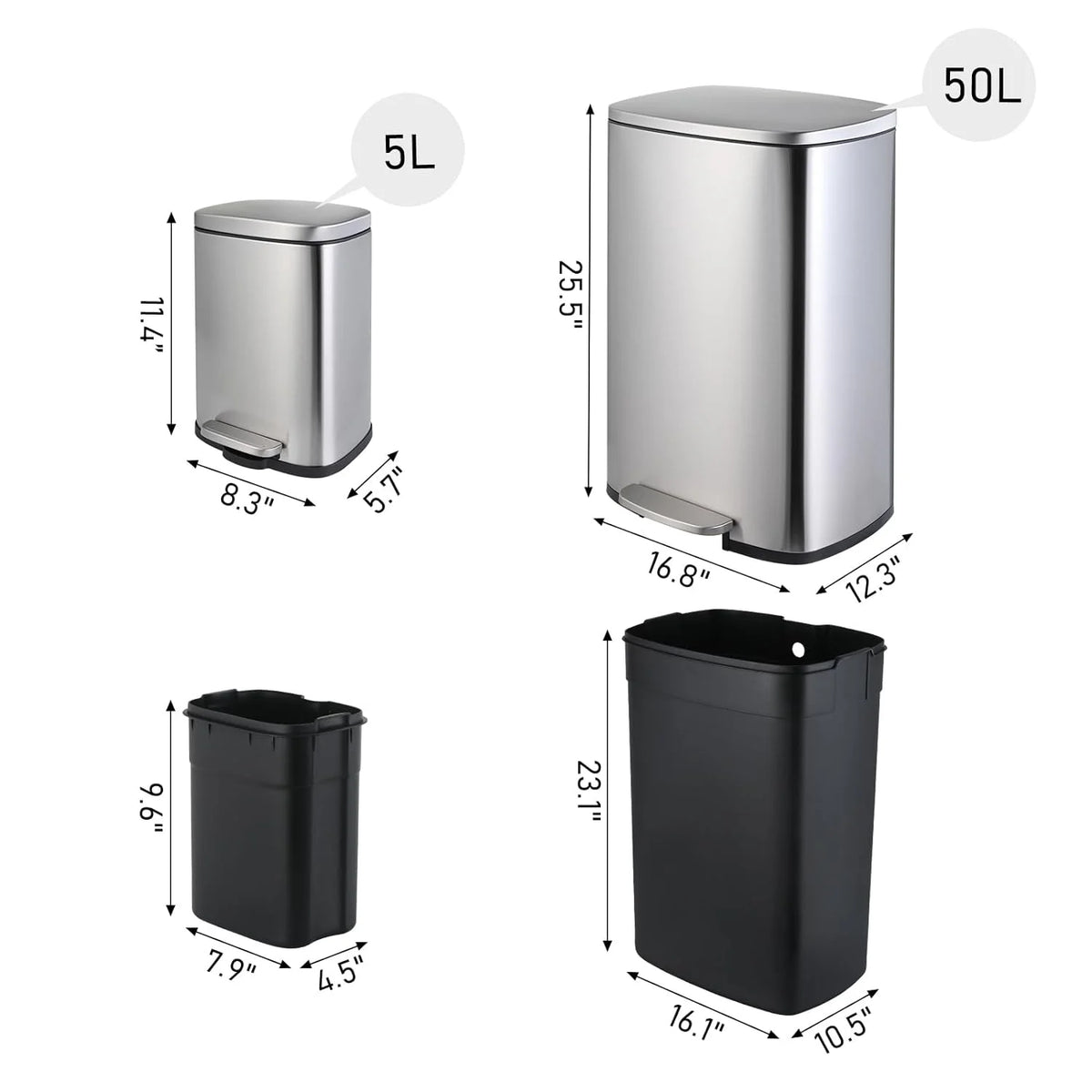 LAZY BUDDY 13.2 Gallon Stainless Steel Kitchen Trash Can with 1.3 Gallon Mini Trash Can, Rectangular Step Garbage Can with Lid
