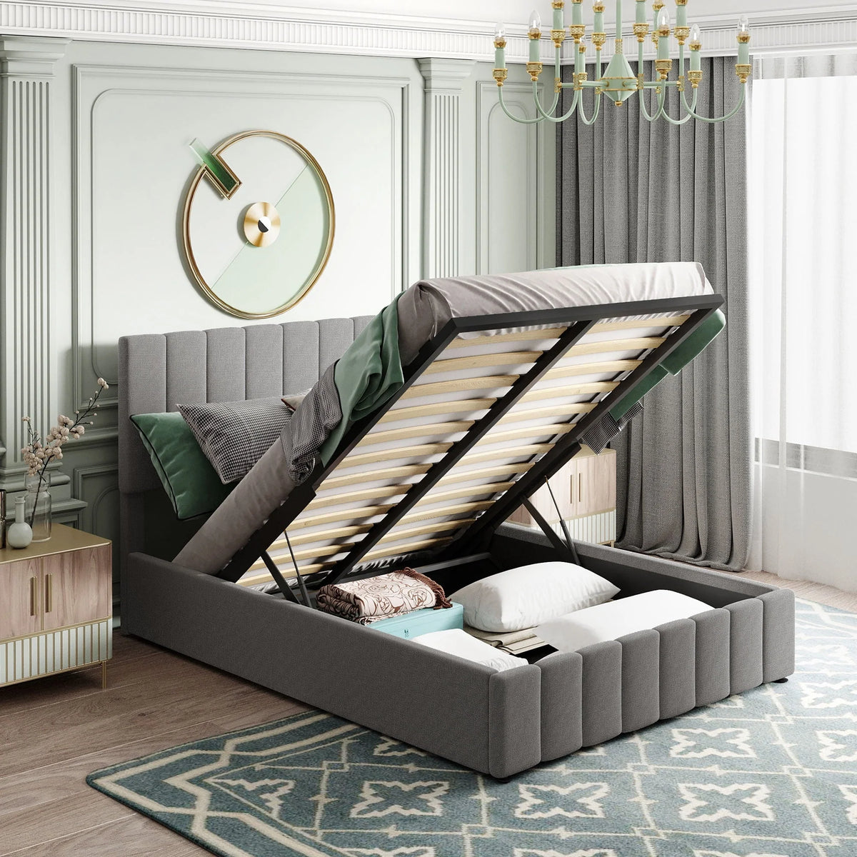 Churanty Hydraulic Storage Bed Frames Full Size Platform Bed with Upholstered Headboard,Beige